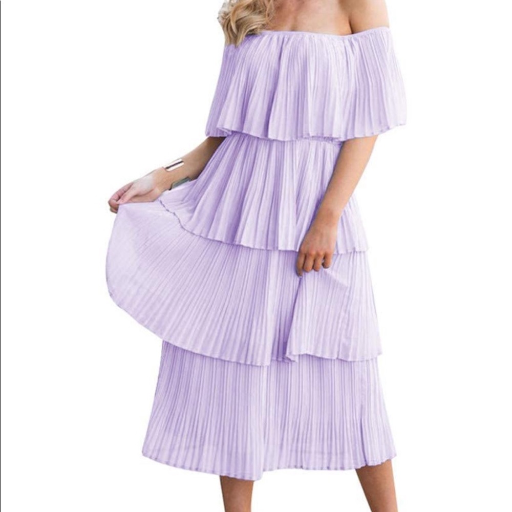Off Shoulder Tiered Pleated Ruffle Dress 💜